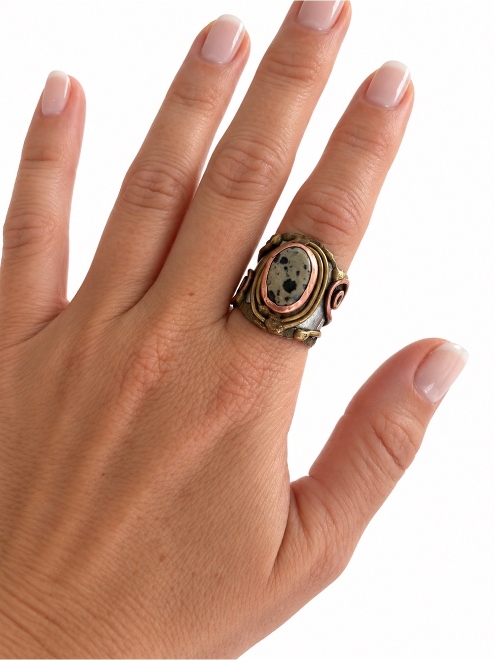 Dalmatian Jasper Mixed-Metal Statement Ring in Black & Cream